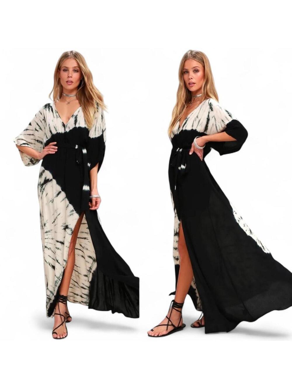 Lulus Black White Tie Dye Kimono Sleeve Belted Maxi Dress